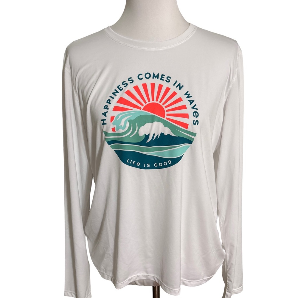 Life Is Good White Long Sleeve Tee with Red & Teal Wave Graphic